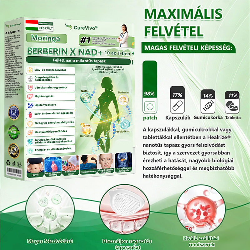 Hivatalos Bolt | 🩹🌞 CureVivo® Moringa · Berberine × NAD+ 10-az-1 Haladó Nano Mikrotű Tapasz (Naponta csak egyszer, látható változás 7 nap alatt) ✅ Elhízás, laza bőr, cukorbetegség, alvási apnoe, ízületi problémák és még több ellen