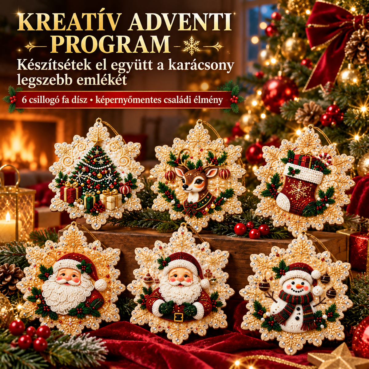 Kreatív adventi program hat csillogó karácsonyi fa dísszel