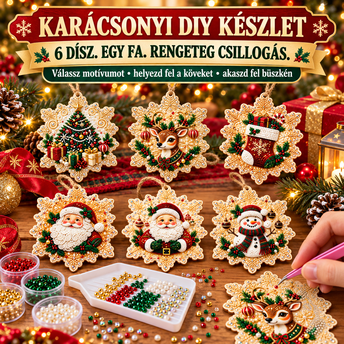 Karácsonyi DIY készlet hat csillogó fa dísszel