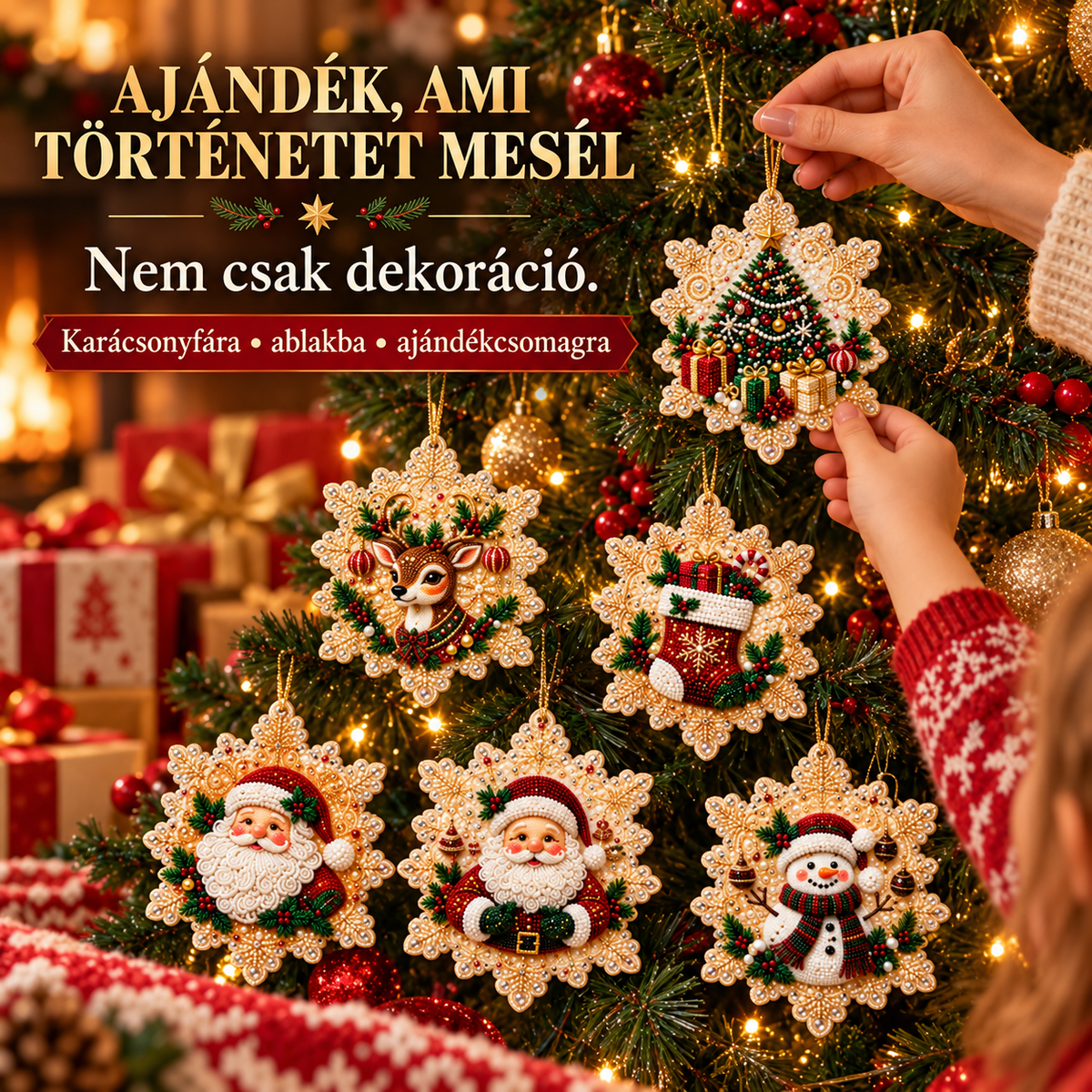 Karácsonyi ajándék és kézzel készített díszek a fán